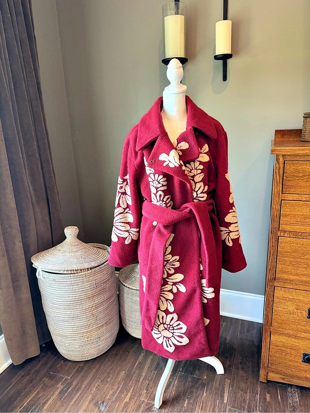FARM Rio Burgundy Floral Textured Wrap Coat Belted Size M